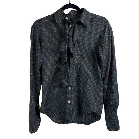 Ralph Lauren Blue Label Glen Cotton Plaid Ruffle Front Button Up Blouse Green 6 - Picture 1 of 10